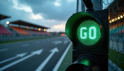 Fototapeta premium Green traffic light at race circuit signals go. Blurred stadium seats and track await start. Evening sky with clouds, anticipation for fast action.
