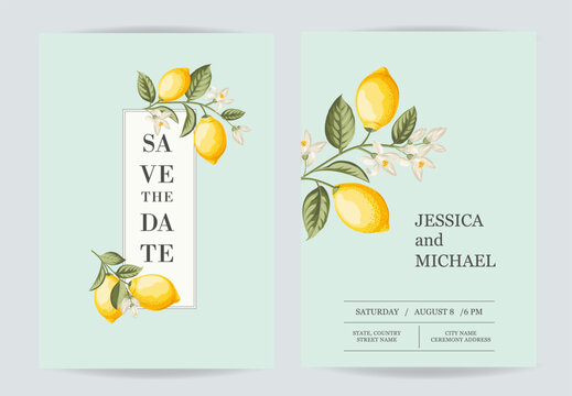 Wedding invitation. Save the date greeting card. Lemon illustration