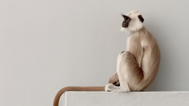 Brown and white langur monkey sitting on a ledge against a plain gray wall, showcasing its unique fur patterns and posture in a minimalist setting