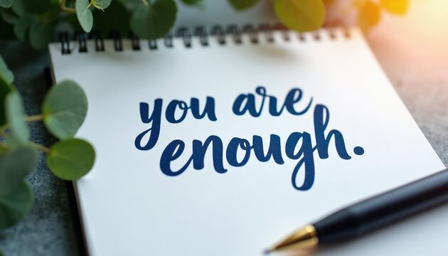 Note reads you are enough in blue script on notepad page. Pen rests nearby, green leaves frame scene. Peaceful message offers comfort and validation.