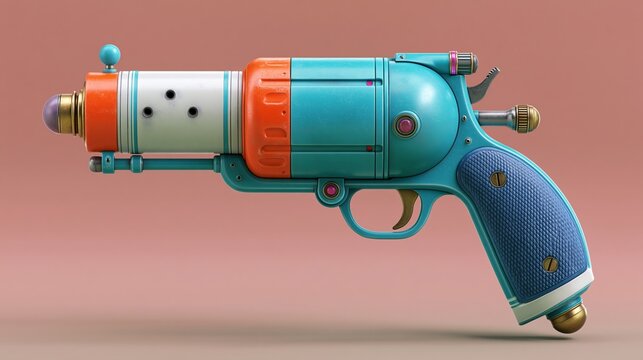 Colorful retro-style toy ray gun with blue, orange, and white elements, featuring a unique design and intricate details against a soft pink background