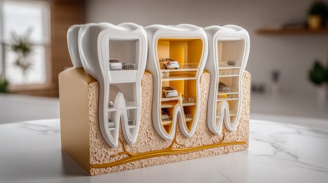 Miniature Multilevel Parking Garage Shaped Like Cartoonish Teeth Model