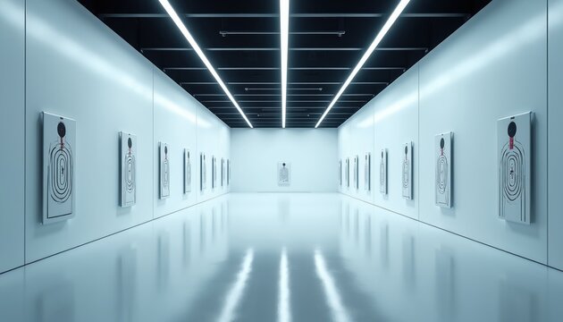 Indoor shooting range with many targets on walls under bright lights. Clean modern facility for practicing aim and improving accuracy. Safe environment for sport shooting training.