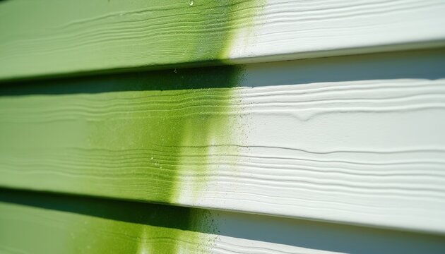 Green algae growth on white house siding shows contrast between dirty and clean areas. Soft washing cleans wall texture. Exterior home maintenance process.