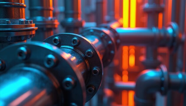 Close up of industrial metal pipes and complex pipeline network. Blue and orange lights illuminate steel tubes and flanges creating a modern tech pattern.
