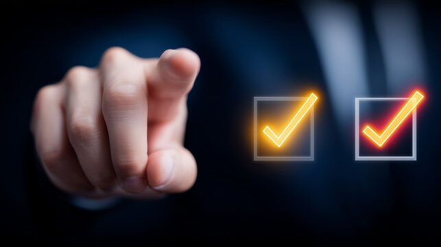 A finger selecting check marks on a digital interface representing approval, validation and successful decision making.
