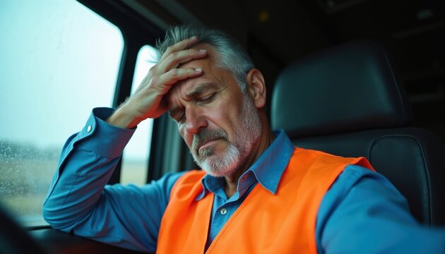 Tired male truck driver rubs his forehead, feeling stressed inside cab. Long haul trucker needs rest, overwhelmed by work. Heavy burden affects driver health.