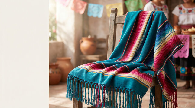 Traditional Mexican rebozo shawl draped over a wooden chair indoors  