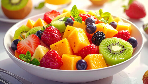 Vibrant fruit salad bowl with berries and kiwi healthy food concept