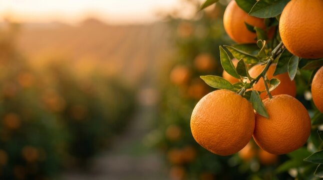 Ripe orange hanging on tree branch in sunny orchard. Fresh citrus fruit cluster with green leaves. Golden hour farm harvest scene for agriculture nutrition and healthy eating concepts.