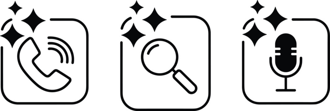 AI enhanced phone search and voice command interface icons set for technology and digital user application