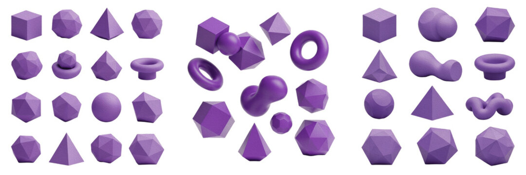Group of Purple 3D Geometric Shapes Including Dodecahedron and Torus for Abstract Creative Design Mathematical Modeling Graphic Art Elements and Modern Digital Composition Concepts