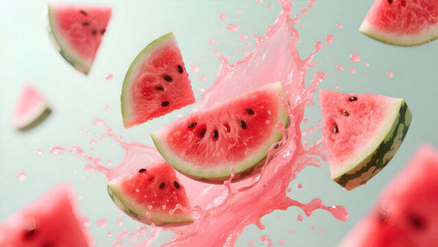 Watermelon slices splashing in pink liquid on light blue background