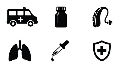vector healthcare symbols including ambulance inhaler pill bottle hearing aid blood drop and lung x-ray © Taslima