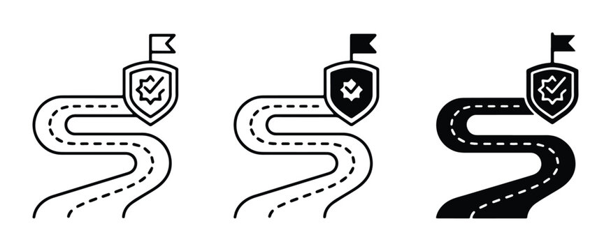 vector shield with checkmark on winding roads in black and white outline style
