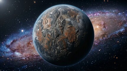 Fototapeta premium Rocky exoplanet floating in deep space. Alien world with rugged mountains and icy surfaces. Cosmic discovery and astronomy visualization for science fiction concepts.