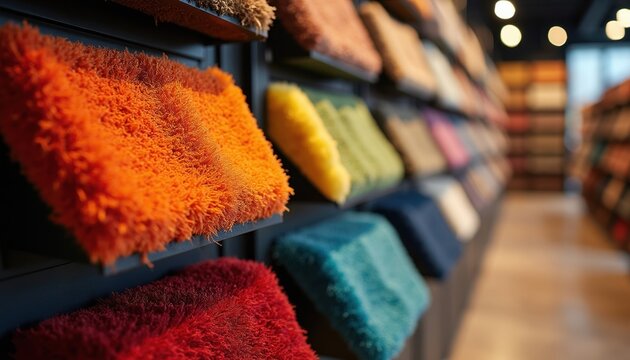 Variety of colorful carpet samples displayed on shelves in retail store. Different textures and shades for home or office flooring selection. Choose your perfect rug style.