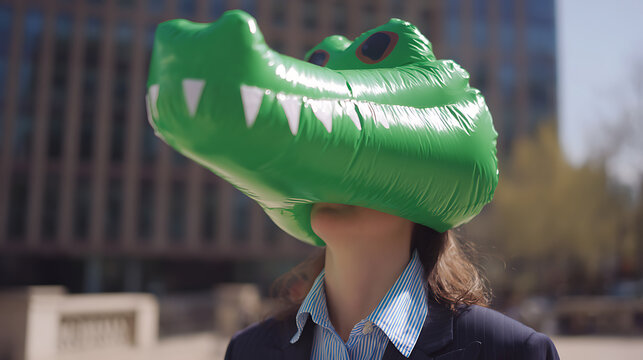 Unrecognized person wears a vibrant green inflatable animal head, showcasing creativity and a unique, playful style in an urban environment during daytime