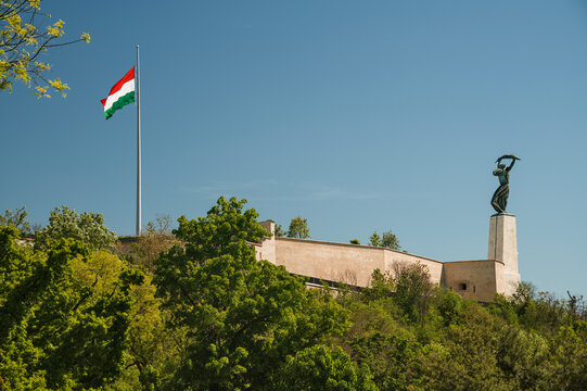 Hungarian flag and Liberty Statue at the new reconstructed Citadella, Budapest, Hungary