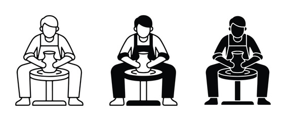 three black and white silhouettes of people making pottery on different types of stands © Shanjida