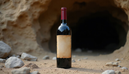 Naklejka premium Red wine bottle with blank label rests in front of dark cave opening. Sandy desert ground, rocks, harsh sunlight create rustic scene. Beverage drink awaits discovery.