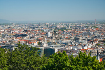 Obraz premium Budapest city (Pest side) panorama with St. Stephen’s Basilica, Budapest Eye and the Hungarian State Opera House, Hungary