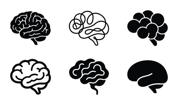 Diverse Brain Icons Set, EPS Vector Graphics for Medical, Science, and Psychology Concepts, Minimalist Black and White Illustrations
