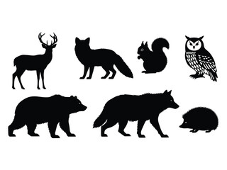 Fototapeta premium Collection of black silhouettes of forest animals including deer, fox, squirrel, owl, bear, wolf, and hedgehog