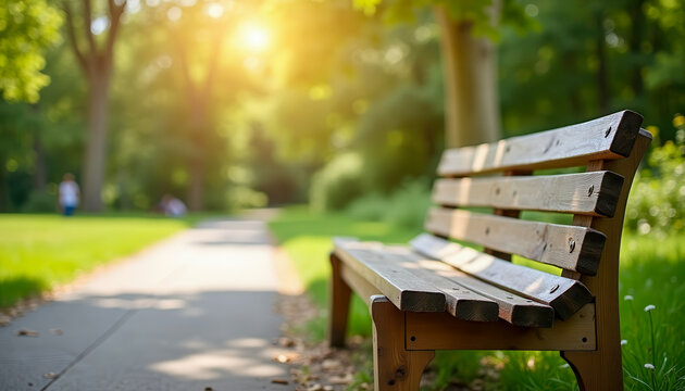 Empty wooden bench in sunny park with pathway and green trees, peaceful nature, summer relaxation, quiet moment, outdoor scene.