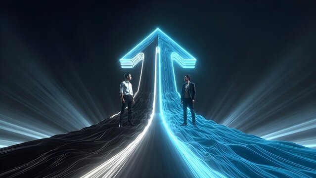 Two men walking on separate paths merging into one with an upward arrow representing business strategic alignment and team collaboration, 3d render
