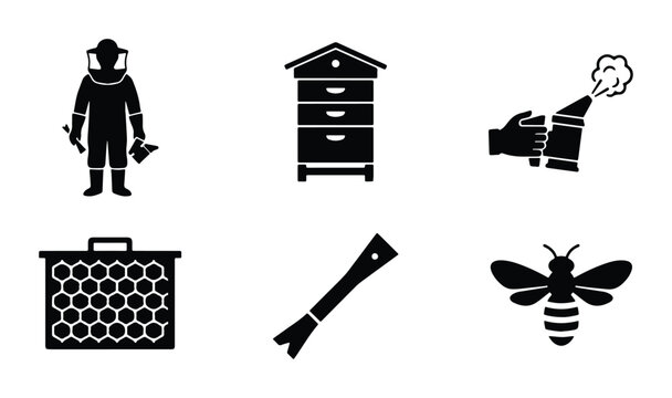 Beekeeper and beekeeping tools set in black vector style on white background