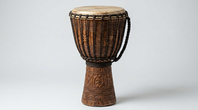 A traditional african djembe drum with intricate carvings and rope tuning on a light gray background