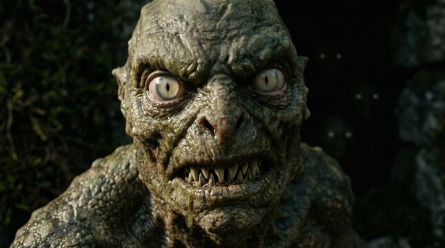 Menacing demon with glowing yellow eyes and sharp fangs snarling in shadows. Grotesque fantasy creature emerging from dark lair with lurking