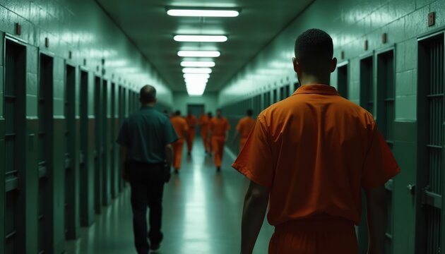 Prisoners in orange jumpsuits walk down a jail corridor. Guard walks ahead of inmates, cell doors line the hallway. Incarceration environment with dim lighting, conveying confinement and order.
