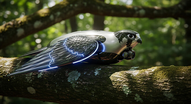 Futuristic robotic falcon perched on a tree branch, showcasing advanced technology and nature integration