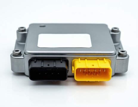 Silver metal car engine control unit with black and yellow connectors. Automotive electronic part for vehicle repair and maintenance. Modern auto computer module.
