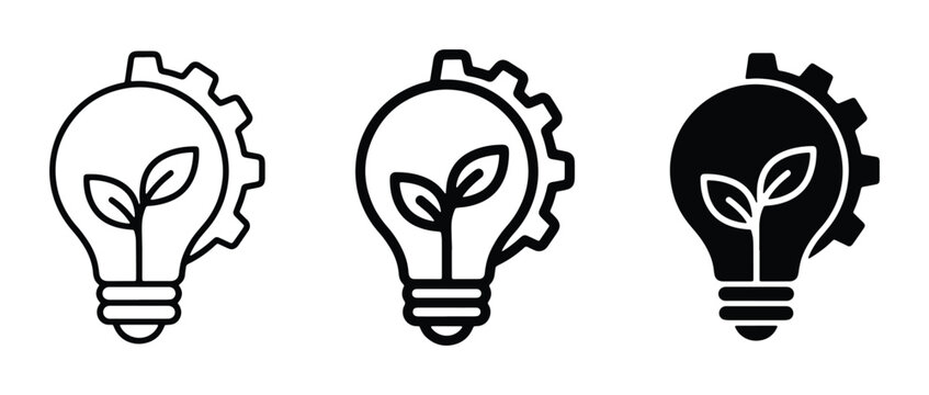 vector set of three black and white icons depicting light bulbs with plants inside them connected to gears representing