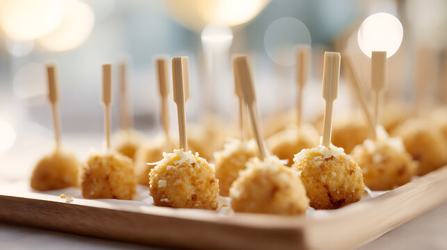 A close-up view of golden crispy appetizer bites on wooden skewers garnished with white sprinkles, elegantly arranged on a serving tray