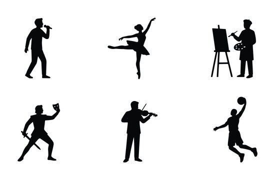 6 person vector icons set including singing dancing painting acting playing violin and basketball