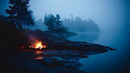 Fototapeta premium Campfire burning near misty lake shore at night