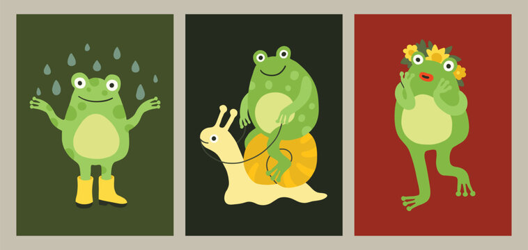 Funny frog character, froggy mascot characters postcard or poster set. Frog sitting with raindrops, riding snail, wreath. Simple flat doodle style, green, yellow and red. Print, sticker, children.