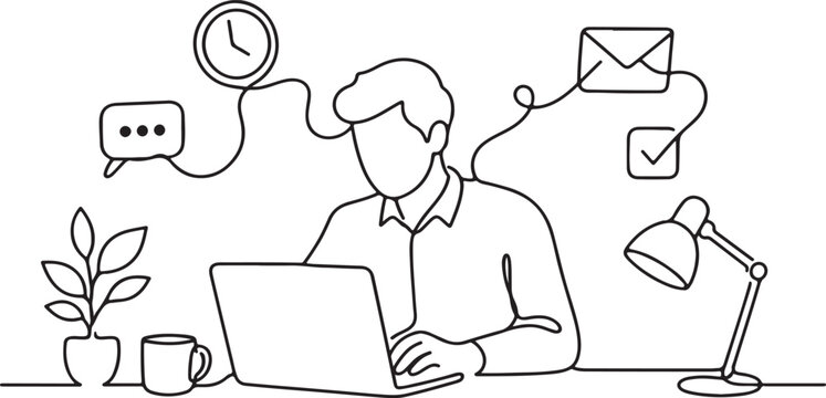 Man sitting at desk with laptop computer and office supplies in simple line drawing style for business or productivity concept