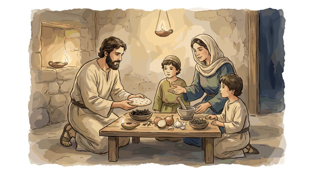 Hebrew family preparing unleavened bread and bitter herbs by lamplight inside a humble home before the sacred meal, soft