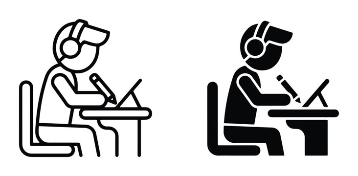 two person vector icon set with headphones and writing tools