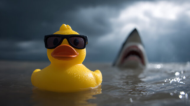 Cool Rubber Duck with Sunglasses floats calmly on water, unaware of the approaching danger from a large predator under a dramatic sky