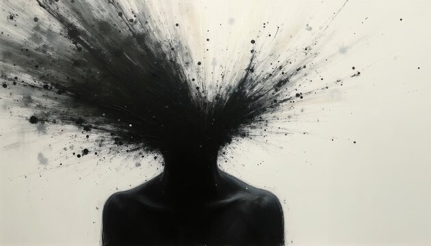 Silhouette of person with head exploding into black and white paint splashes. Abstract art conveys mental health struggles, loss of self, and inner turmoil.