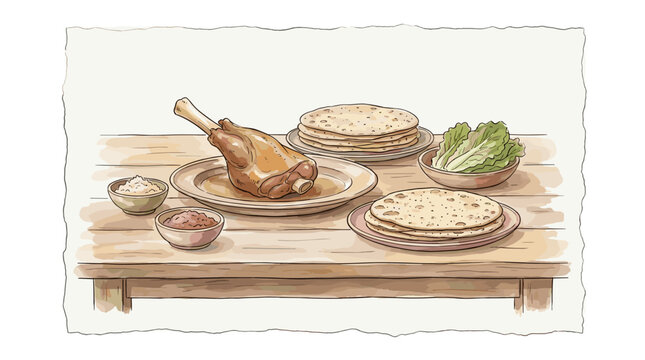 Roasted lamb with bitter herbs and flatbread arranged on a rustic table for the sacred Passover meal, soft watercolor vector