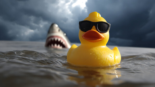 Confident yellow rubber toy with sunglasses floats in water unaware of a menacing predator approaching under a dramatic stormy sky