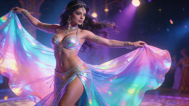 Young female belly dancer smiling, arms outstretched in an iridescent beaded costume, performing on a dimly lit stage with purple-pink spotlights and falling confetti &mdash; festive celebration scene.