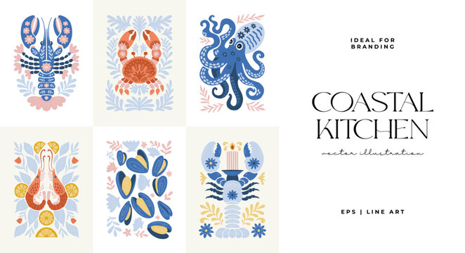 Coastal seafood illustration collection in minimal Matisse style with marine elements
